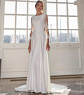 Scoop long sleeves lace appliques illusion buttons back satin vintage A-line wedding dress bridal gown ivory