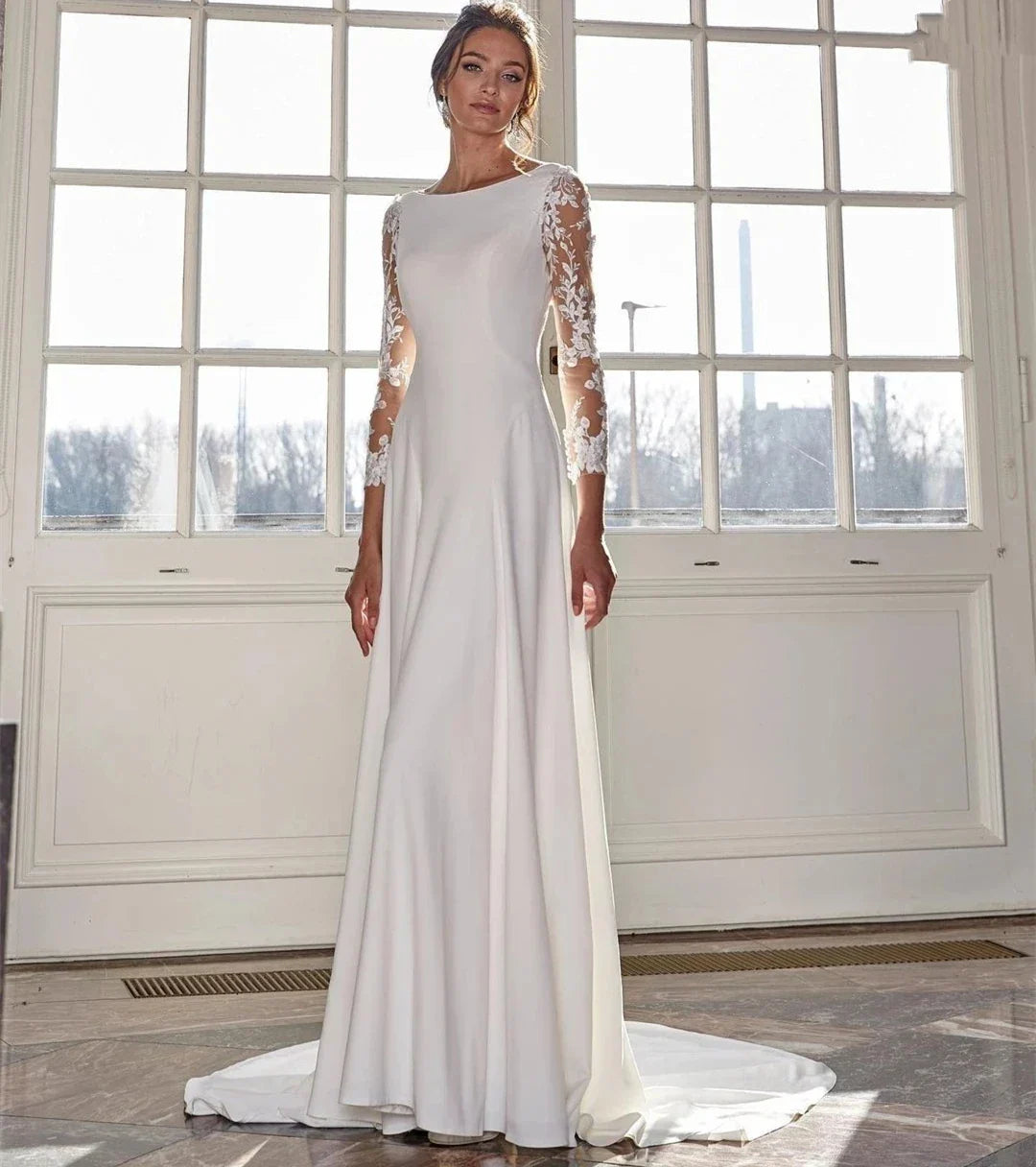 Scoop long sleeves lace appliques illusion buttons back satin vintage A-line wedding dress bridal gown ivory