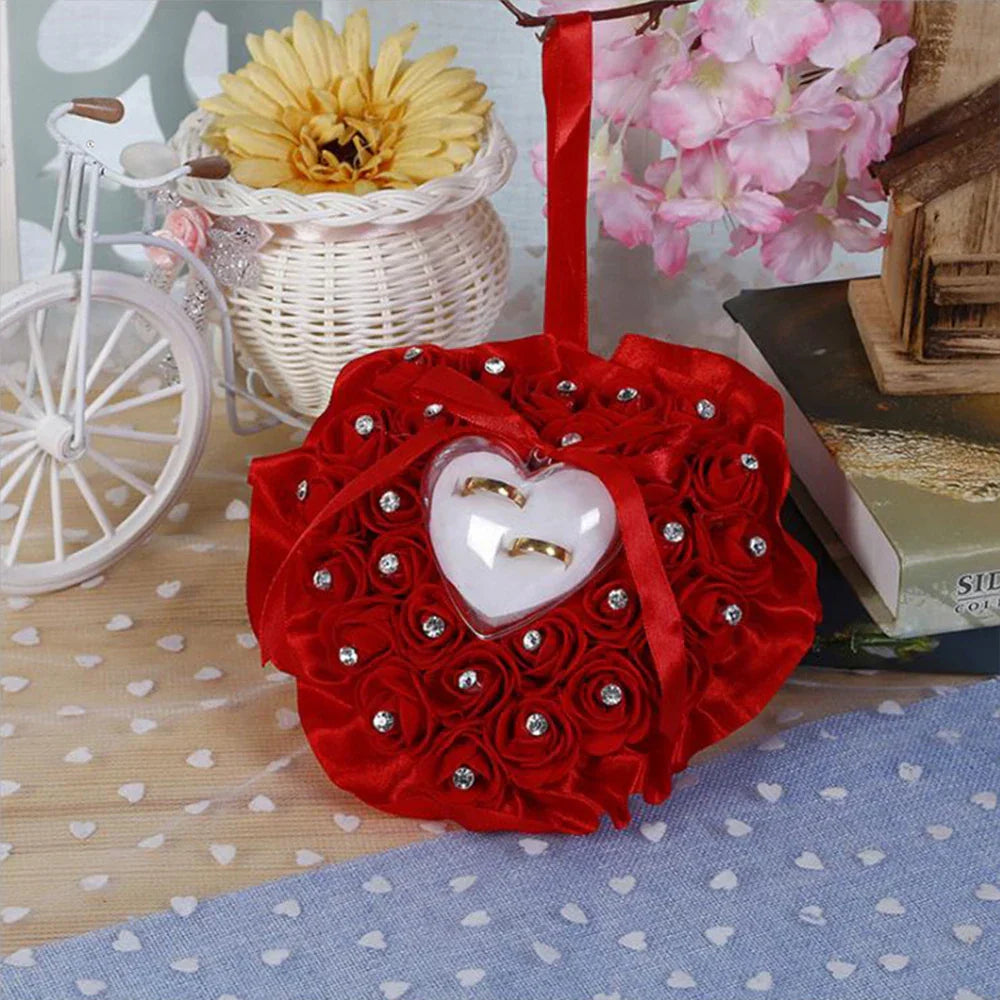 1Pcs Wedding Heart-shape Rose Flowers Ring Bearer Box Romantic Wedding Jewelry Case Pillow Cushion Holder Valentine's Day Gifts