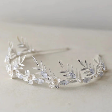 Bridal Hair Jewelry Pearl Crystal Tiara Headband Leaf Flower Headpiece For Brides Silver Color Headdress Wedding Accessories