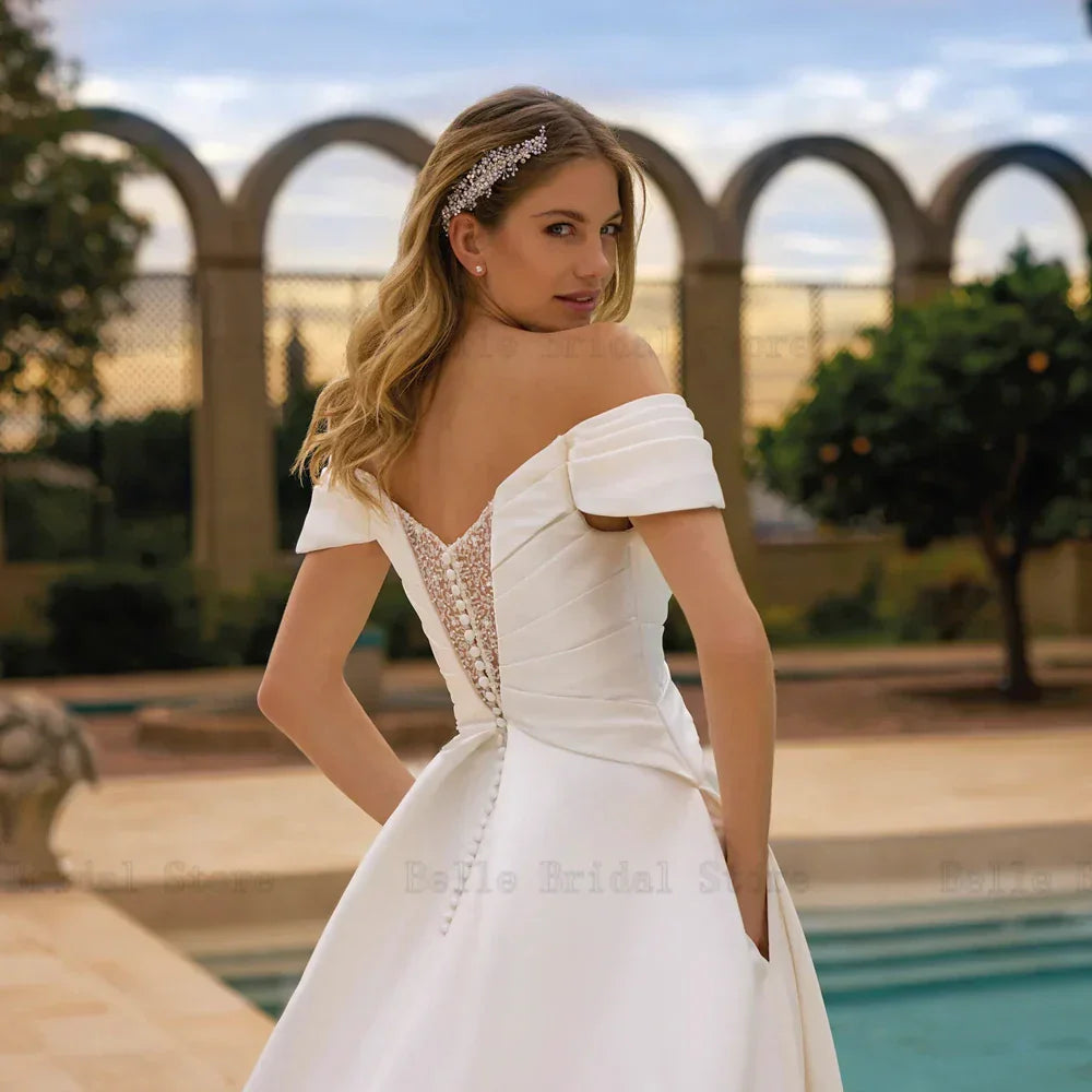 Simple Off Shoulder Wedding Dresses Boat Neck Sleeveless Bridal Gowns Back Button Floor Length A-Line Vestidos De Novia