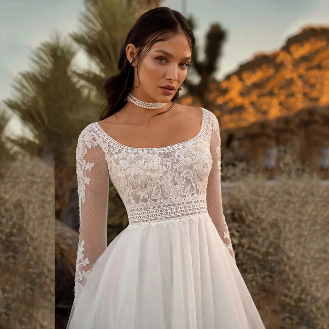 Elegant A-line wedding dress scoop long sleeves lace tulle floor length boho bridal bride gown