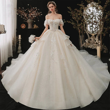 Off-shoulder short sleeve lace-up sparkly beading crystal princess ball gown wedding dress long train