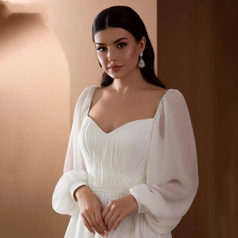 Simple elegant court train strapless puff sleeves backless chiffon wedding dress back view