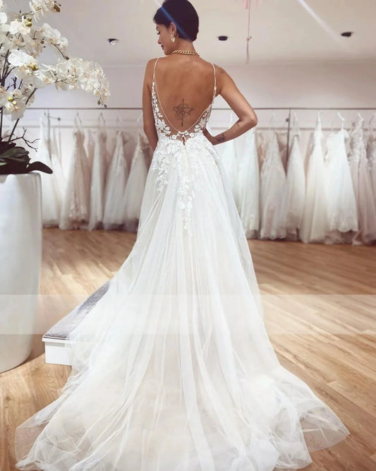 Customized Beach Wedding Dresses Long Sexy Backless V-Neck Light Bridal Dresses vestidos de novia