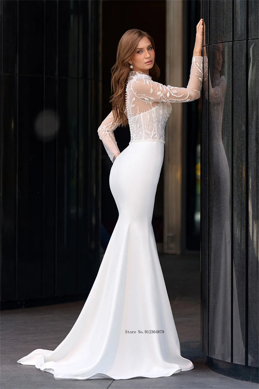 Elegant High Neck Full Sleeves Lace Applique Mermaid Wedding Dresses With Detachable Train 2025 Vestido De Noival