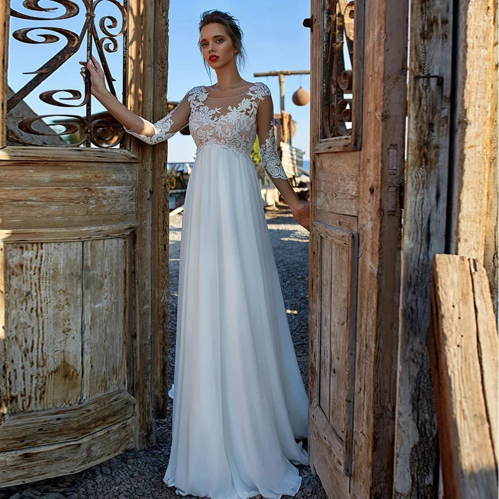 Classic A-line wedding dress scoop empire lace appliques illusion chiffon formal bridal gown