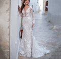 Long sleeve luxury tulle V-neck backless mermaid lace appliques bridal gown back view
