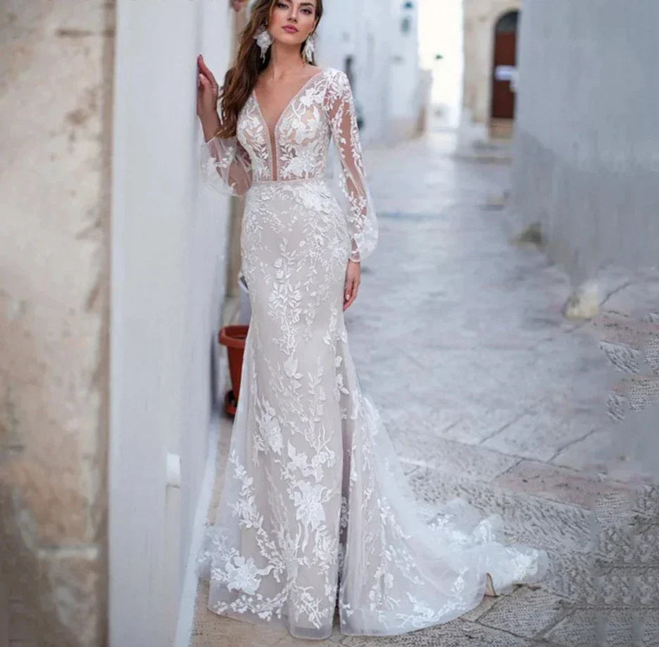 Long sleeve luxury tulle V-neck backless mermaid lace appliques bridal gown back view