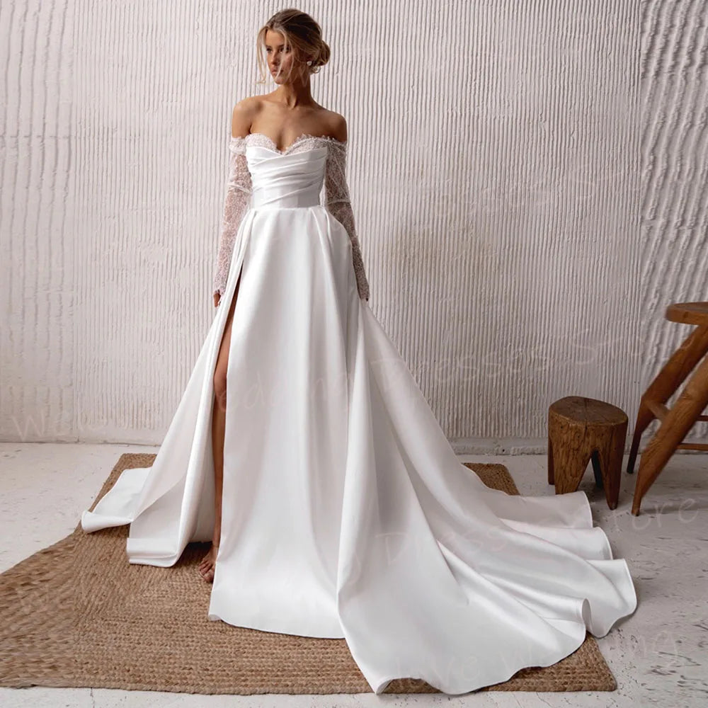 Elegant Satin A Line Women's Wedding Dresses Long Sleeved Vestidos Para Mujer Lace Backless Customized Bride Gowns Side Split