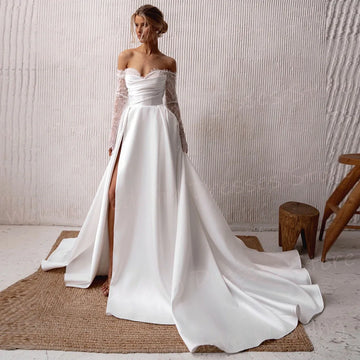 Elegant Satin A Line Women's Wedding Dresses Long Sleeved Vestidos Para Mujer Lace Backless Customized Bride Gowns Side Split