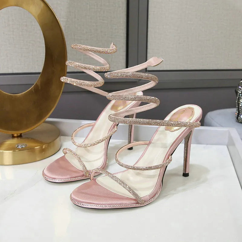 Luxury Crystal Snake Coiled Women Sandals Stiletto Heels Woman Summer Open Toe High Heels Wedding Bridal Shoes Luxury Pumps