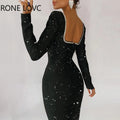 Deep V-neck long sleeves rhinestone glitter elegant midi formal black dress women ivory