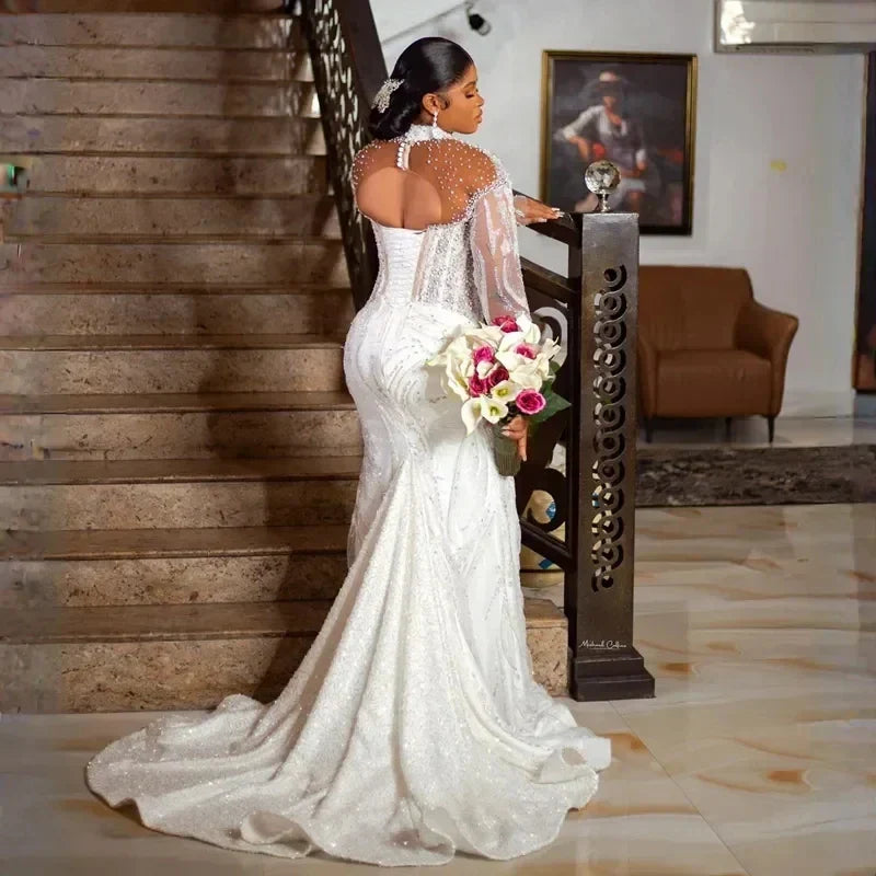 Plus size Aso Ebi mermaid wedding dress 2026 high neck African black women lace illusion long sleeves