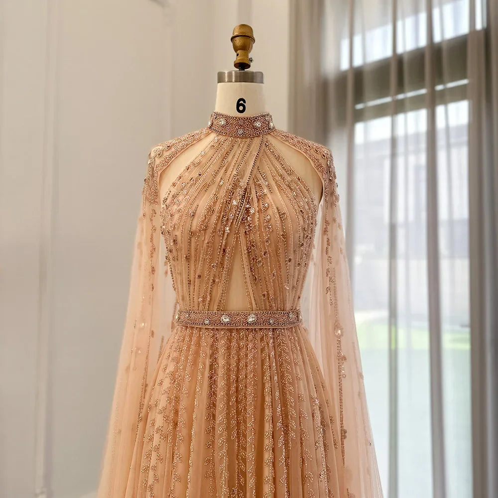 Luxury Evening Dress with Cape Sleeve Elegant Long Arabic Formal Dresses for Women Wedding Party SS495