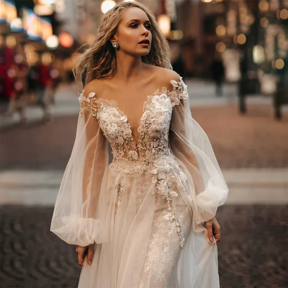 V-neck puff sleeve A-line lace backless modern bride tulle sweep train bridal gown front view