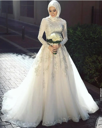 Most Popular High Neck Long Sleeves Saudi Arabic Muslim Wedding Dresses Turkish Lace Appliques Bridal Gowns no Hijab Hochze