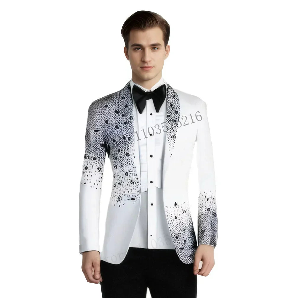 Luxury Beads 2 Pieces Blazer Pants Men Suits Shiny One Button Sheer Lapel Diamonds Formal Party White Wedding Groom
