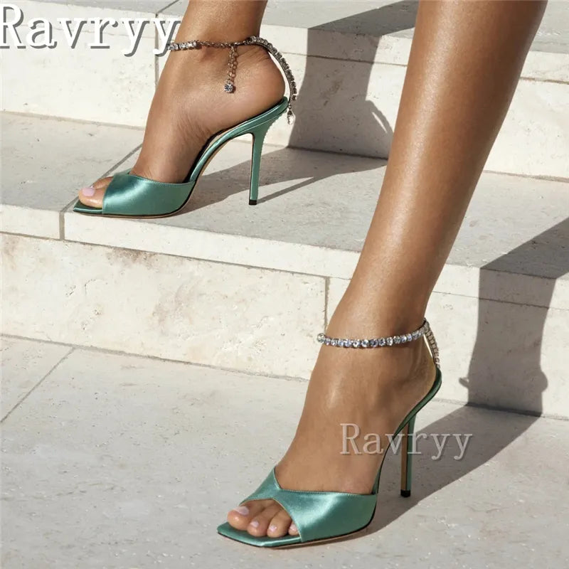 Thin high heel ankle strap satin crystal chain square open toe luxury wedding bride shoes