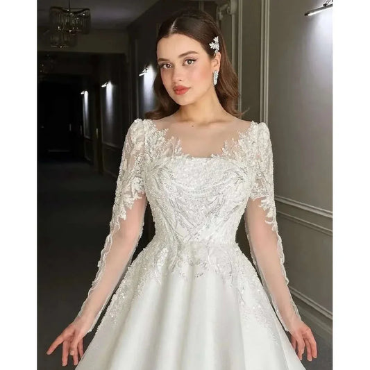 Luxury long bridal gown Sleeves a line Fashion lace sequin applique Custom zipper plus size Beach garden custom wedding dress