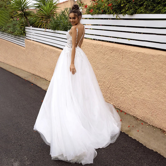 Deep V-Neck Bohemian Lace Wedding Dress High Slit Tulle Vestido De Novia Backless Customized Countryside Embroidery Bridal Gown