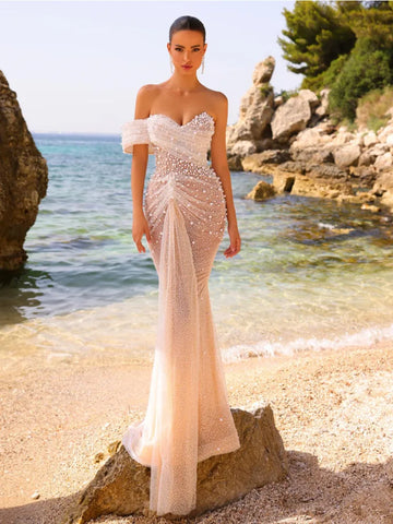 Women Luxury Sexy Off Shoulder Pearl Sequins Maxi Long Beige Gowns Dress Elegant Evening Party Club Dress Vestido