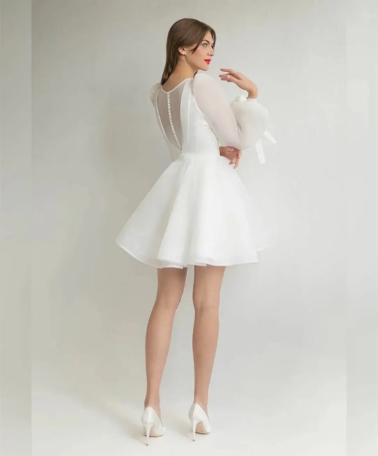 Elegant and sexy short wedding dress o collar puffy sleeves a line knee-length with bow gown new chic bridal party dress