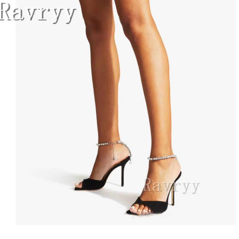 Luxury wedding bride satin crystal chain ankle strap square open toe thin high heel shoes detail