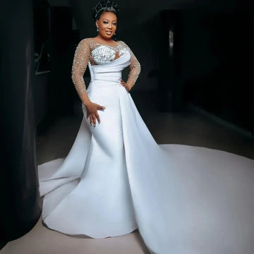 Customize Luxury Arabic Crystal Beaded Wedding Mermaid Dresses With Detachable Train Jewel Neck Long Sleeve Satin Wedding Gown