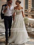 Off-shoulder A-line tulle elegant lace appliques vintage floor length bridal gown side view