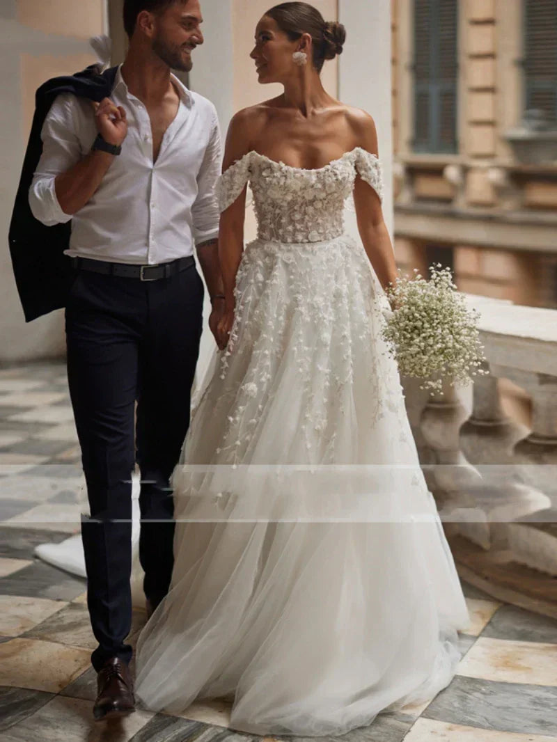 Off-shoulder A-line tulle elegant lace appliques vintage floor length bridal gown side view
