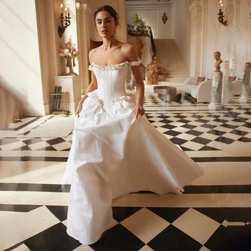 Customzied A-Line Wedding Dresses Off Shoulder with Graceful Ruched Sleeveless Modern Exquisite Bridal Gown