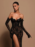 Black lace transparent mermaid backless sweetheart with gloves floor length party dress side view