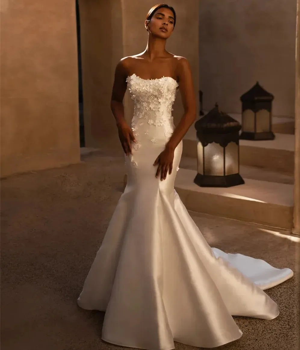 Classic mermaid wedding dress strapless 3D flowers satin sweep train elegant bridal gown