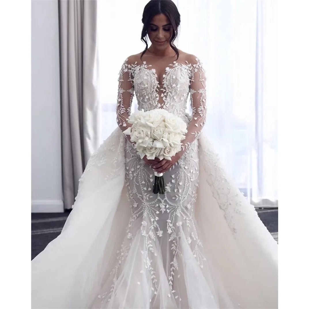 Long sleeves lace sexy backless boho mermaid wedding dress detail