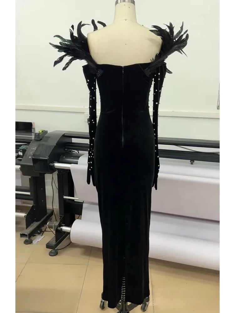 New Women Luxury Sexy Long Sleeve Feather Pearl Velvet Black Maxi Long Gowns Dress Elegant Celebrity Evening Party Club Dress