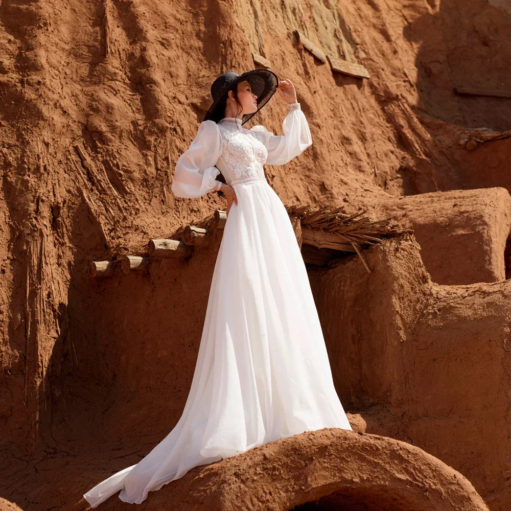 Elegant High Neck Wedding Dresses Long Sleeves Modest Lace Bridal Gowns Appliques Sequined A-Line Sweep Train свадебное платье