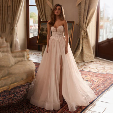 Luxury Wedding Dresses Sweetheart Sleeveless Lace Applique Sexy Side Slit Bridal Dresses Vestido De Noiva Customized