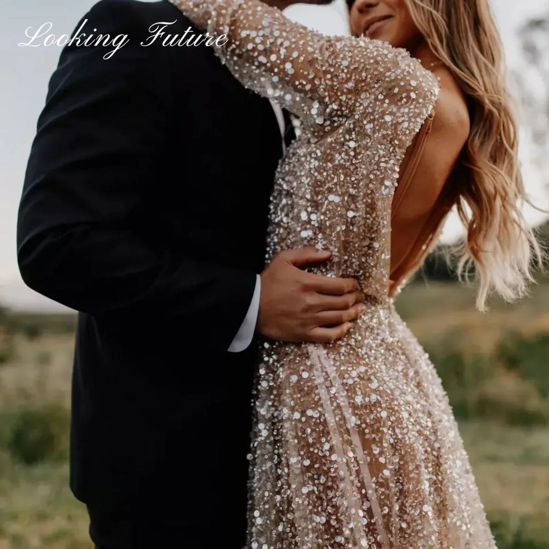 Champagne glitter illusion sequined gold beading long sleeve custom wedding dress front view