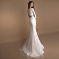 Scoop long sleeves modern lace two pieces floor length bridal gown back view