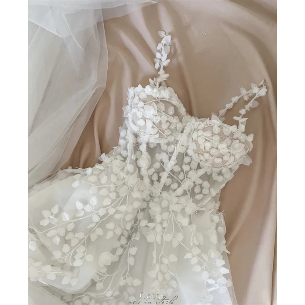 Cathy White Flowers Embroidery Spaghetti Strap Wedding Dresses A-line Backless vestidos de noche Ankle-Length Formal Evening