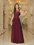 Evening Dress Illusion Net Sleeveless Bodice Lace Appliqued Jewels Zipper Back Full Length A-line Skirt Party Gown Burgundy