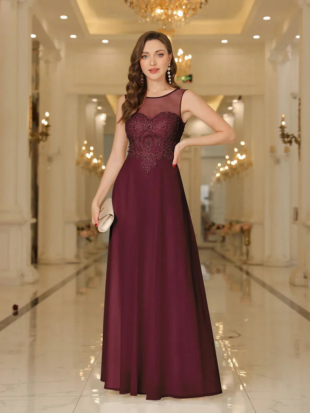 Evening Dress Illusion Net Sleeveless Bodice Lace Appliqued Jewels Zipper Back Full Length A-line Skirt Party Gown Burgundy