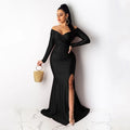 Long sleeve off-shoulder slash neck formal sexy mermaid split long evening night club party dress side view