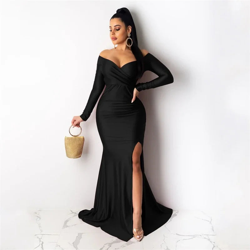 Long sleeve off-shoulder slash neck formal sexy mermaid split long evening night club party dress side view