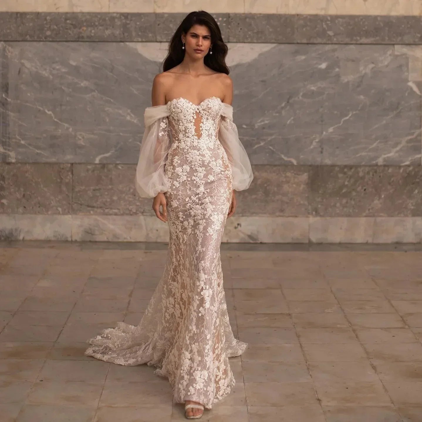 Mermaid Lace Wedding Dresses Long Sleeves Bridal Gowns Beaded Sweetheart Neckline Neck Plus Size Sweep Train - Image 1