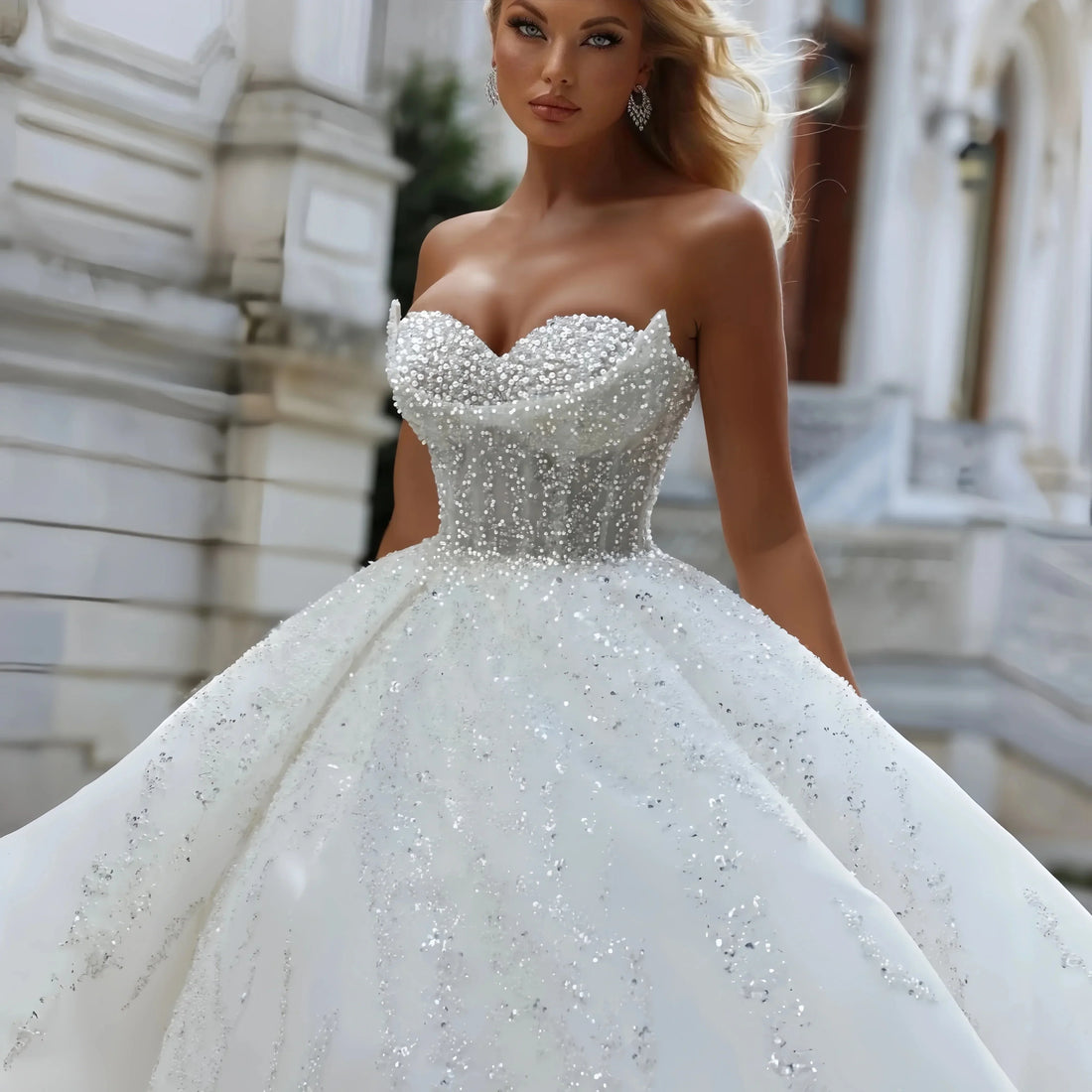 Sparkly sequins pearls wedding dress 2026 sweetheart beads puffy Arabic Dubai bridal gown
