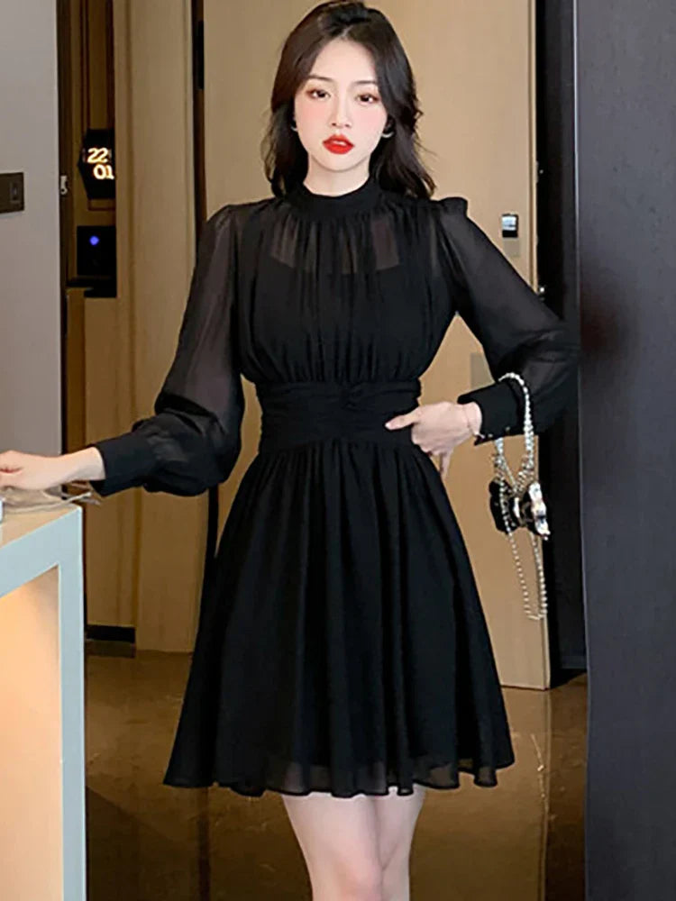 Women Korean Vintage Hepburn Dress Black Chiffon Long Sleeve Midi Dress Spring Summer Elegant Luxury Party Evening Dresses