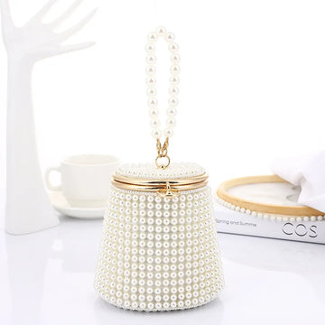 Luxury Pearls Bucket Evening Bag Women Chic Beading Wedding Bridal Clutch Purse Ladies Handmade Small Handbags Dinner Party