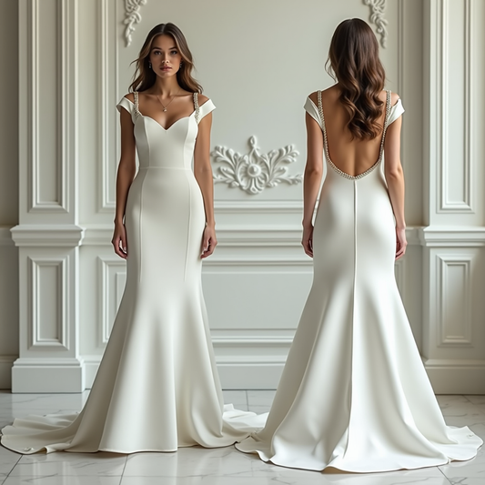 Modern satin wedding gown with sweetheart neckline, pearl straps, and open-back mermaid silhouette